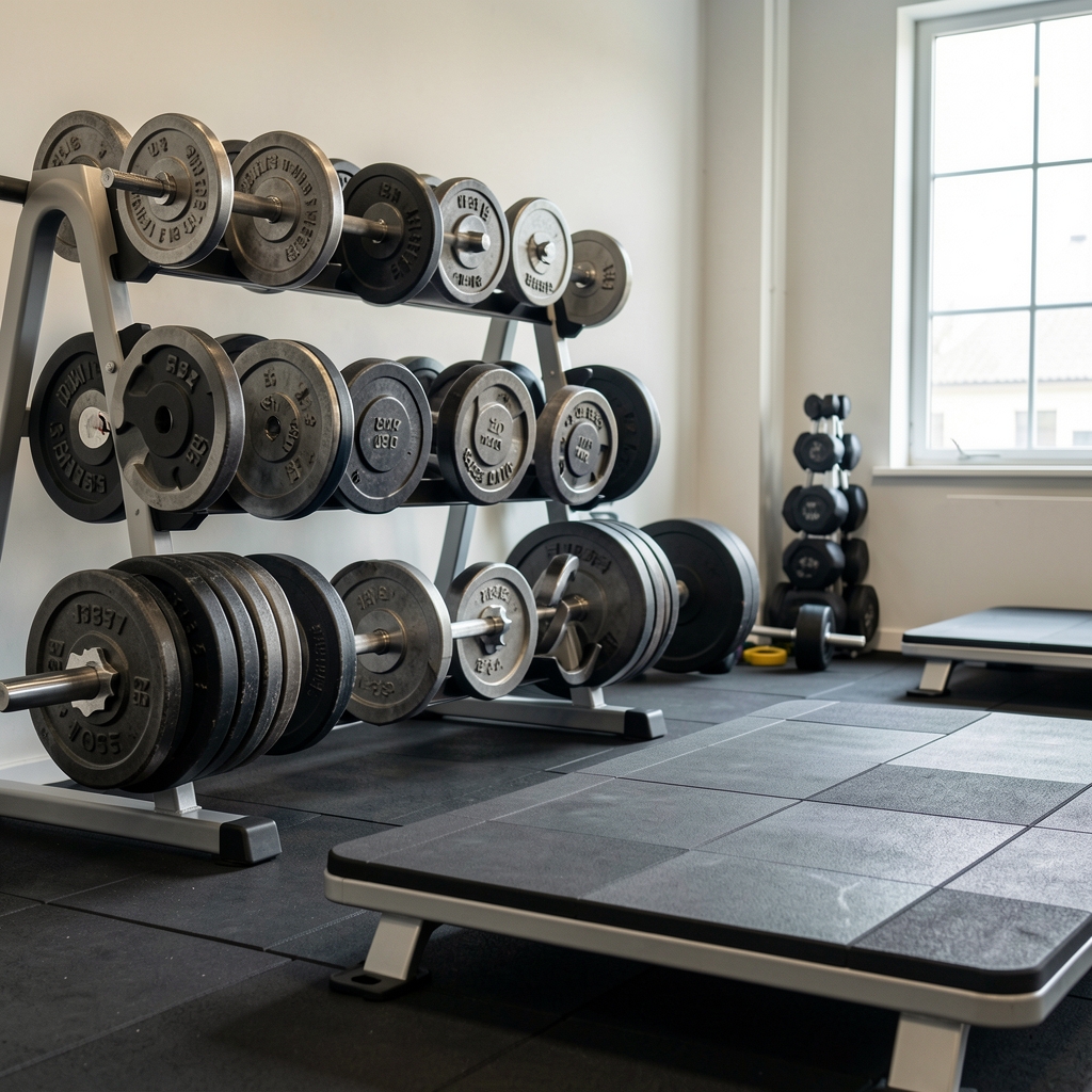 Close detail of weight plates aligned on a rack, photographed from a low angle in the Brussels studio