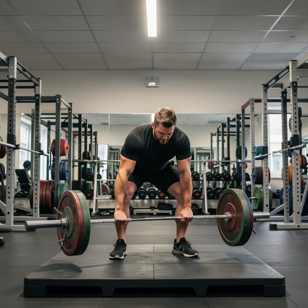 Participant performing a conventional deadlift with loaded barbell on a platform in a Brussels strength training studio under focused overhead light