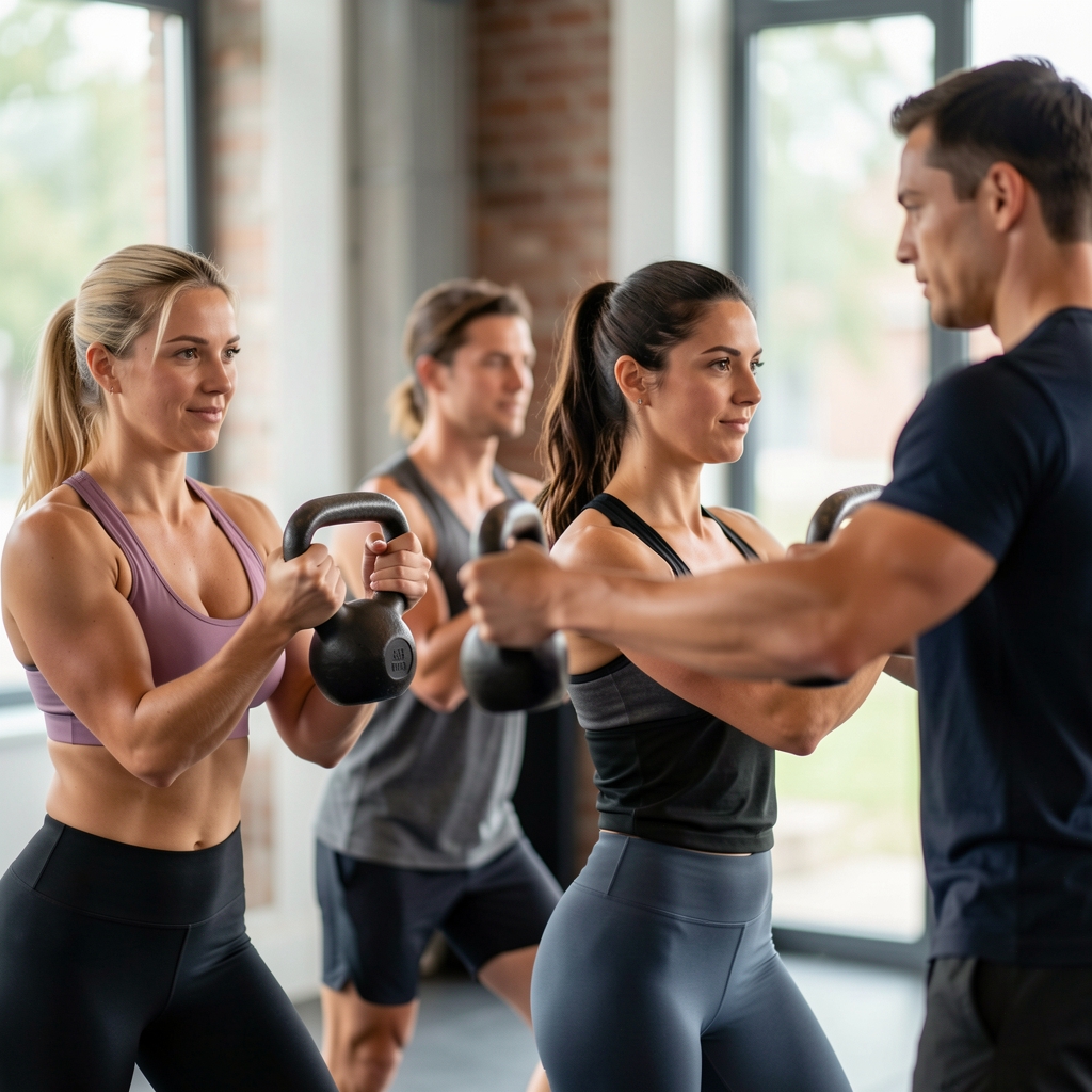 Small group of four individuals performing kettlebell swings simultaneously in a Brussels studio, guided by a coach standing at the side