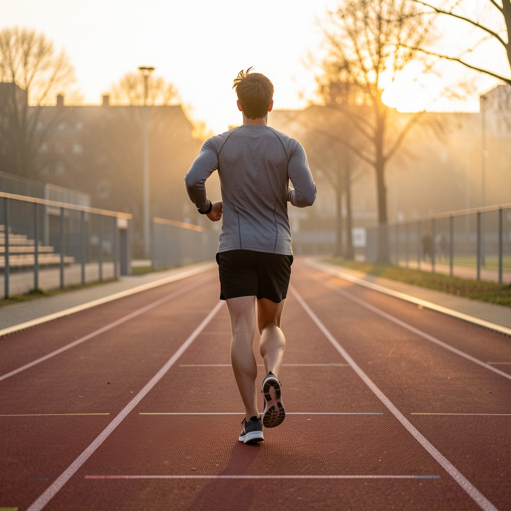 Individual running on a marked outdoor track in Brussels in the early morning, captured from behind with low golden light and clear running form