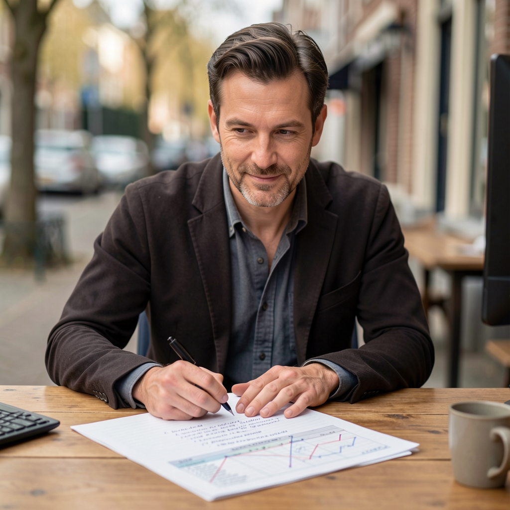 Coach at a wooden desk reviewing handwritten programme notes and a calibrated performance chart in a Brussels studio