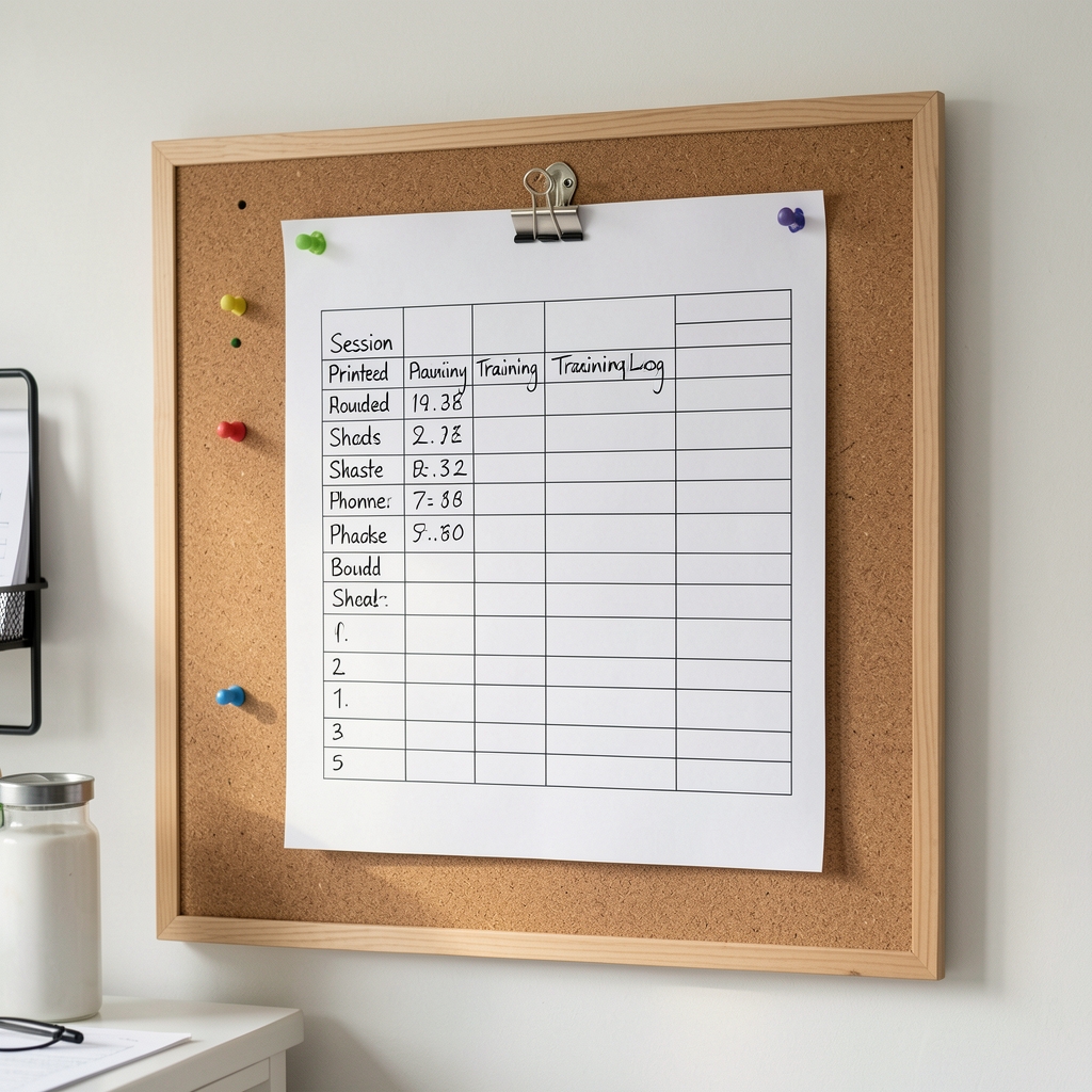 Printed training log sheets clipped to a board with a handwritten session schedule and phase-boundary markers in a clean workspace